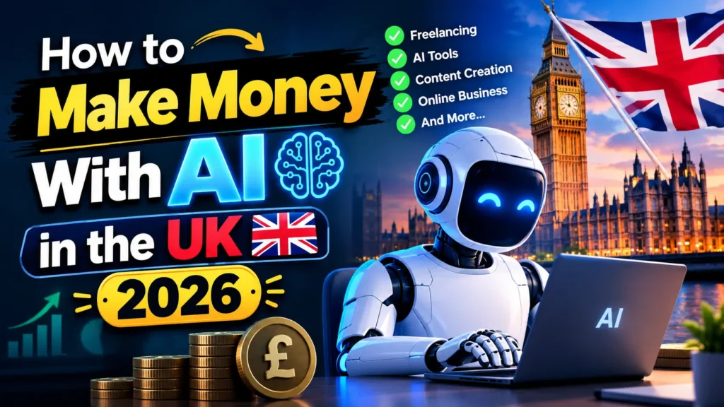 An AI robot with a glowing blue face sits behind a laptop beside a giant pound coin, an absurd pairing that turns online income into a mascot-and-money advertisement. The robot's cheerful face is oddly cute. Behind it, a Union Jack and a clock tower place the pitch in the UK, while a yellow "2026" badge makes the promise look like a deadline. Green check marks list freelancing and content creation before "And More..." The laptop itself is labeled "AI."