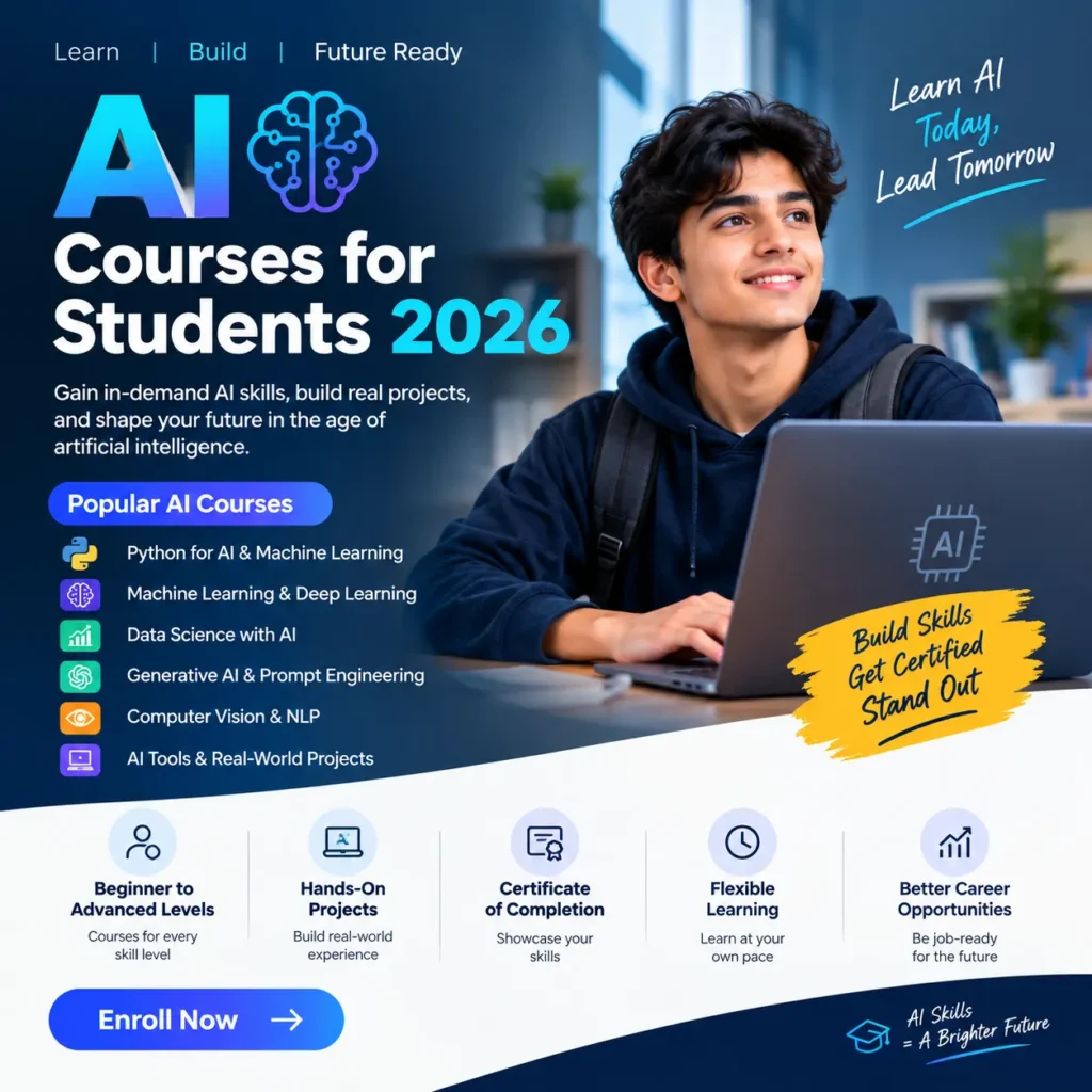Explore AI courses for students in 2026, including Python for AI, Machine Learning, Data Science, and Generative AI. Build practical skills for the future.