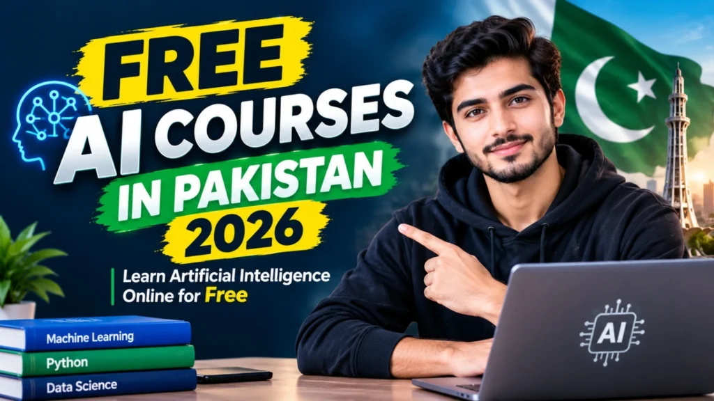 Free AI courses in Pakistan 2026 – learn artificial intelligence online for free" "Free AI courses in Pakistan 2026 banner with Machine Learning, Python and Data Science books"